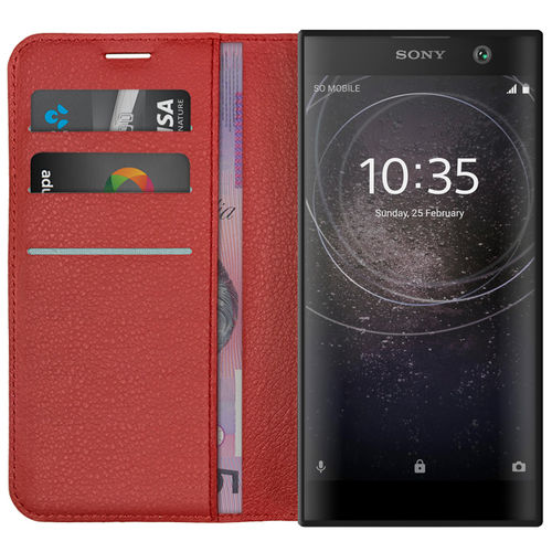 Leather Wallet Case & Card Holder Pouch for Sony Xperia XA2 - Red